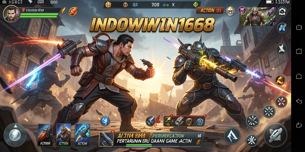 Antarmuka game Action INDOWIN168 yang menegangkan dan dinamis.